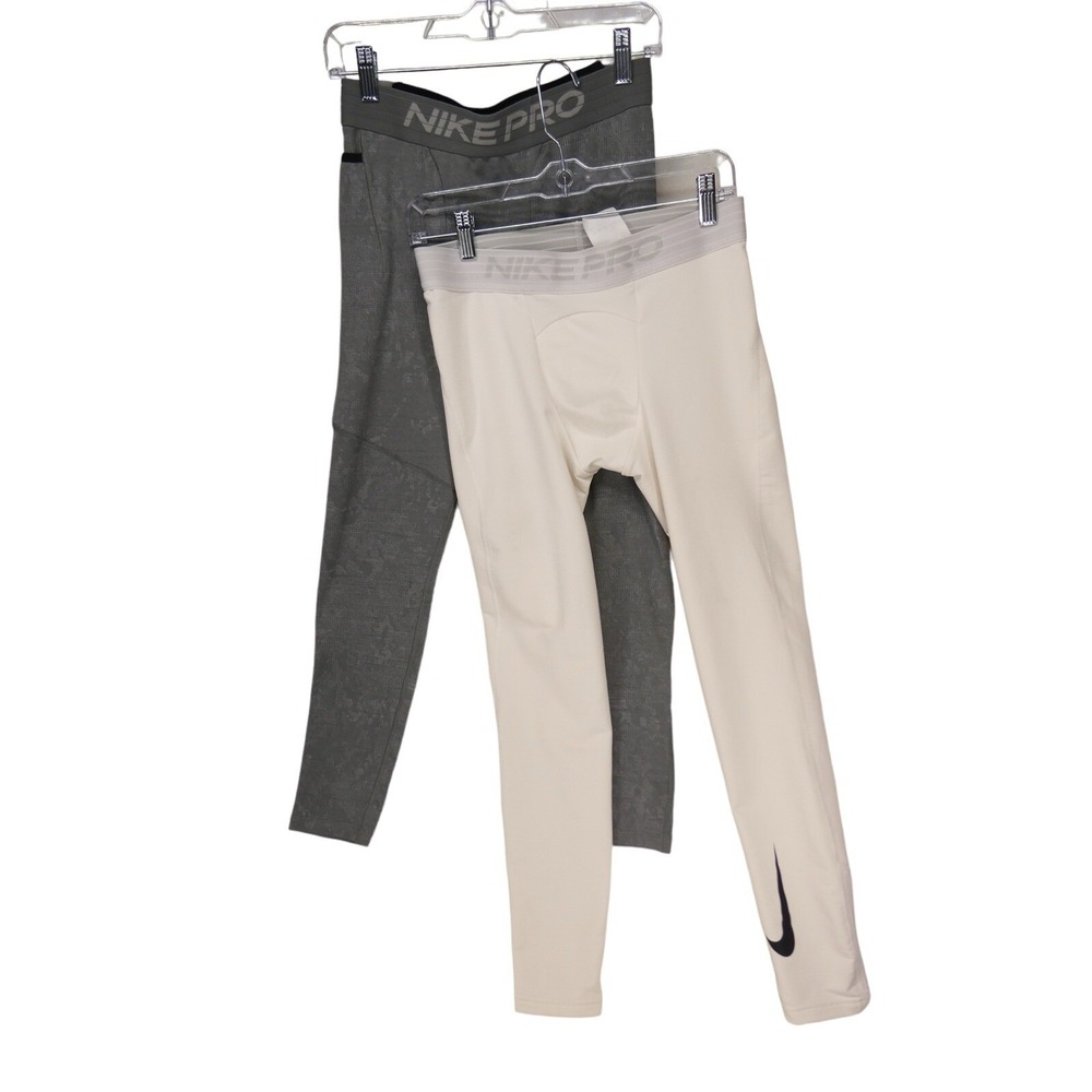 Nike Pro Running Tights Mens Size L Lot of 2 White Grey Swoosh‎ Athletic Active